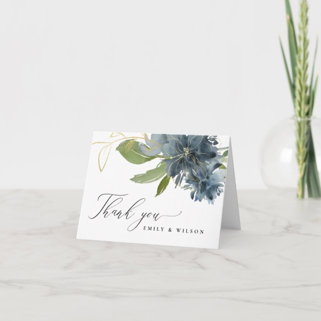 TARJETA DE AGRADECIMIENTO AZUL CREPÚSCULO ORO VERDE FLORAL ACUARELA BODA (Anverso)