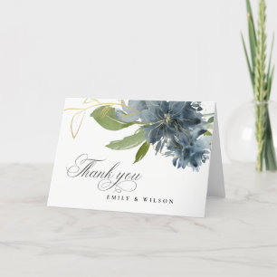 TARJETA DE AGRADECIMIENTO AZUL CREPÚSCULO ORO VERDE FLORAL ACUARELA BODA