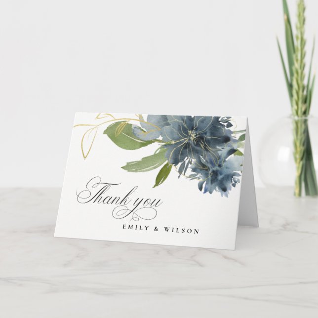 TARJETA DE AGRADECIMIENTO AZUL CREPÚSCULO ORO VERDE FLORAL ACUARELA BODA (Anverso)