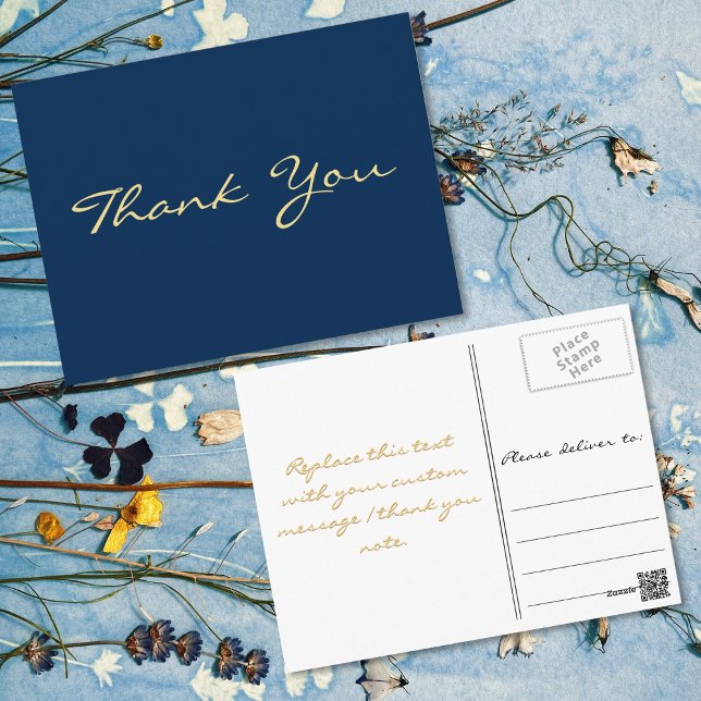 Tarjeta de agradecimiento azul de graduación de es (Modern Faux Gold Script Blue Graduation Thank You Postcard)