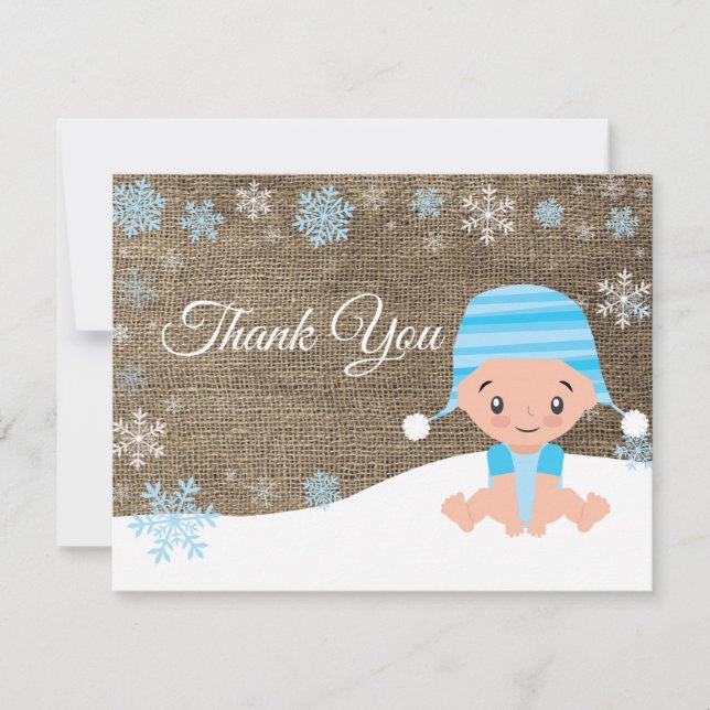 Tarjeta de agradecimiento azul de muñeco de nieve  (Anverso)