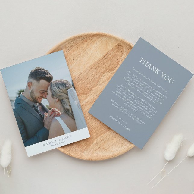 Tarjeta De Agradecimiento Azul Dusto Simple Con Boda De Fotos (Subido por el creador)