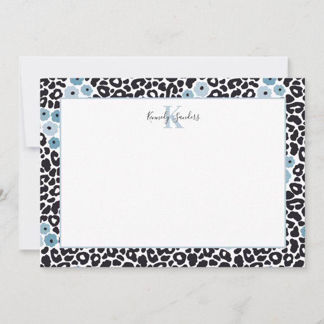 Tarjeta De Agradecimiento Azul Floral Cheetah Impresión con Monograma y Nomb (Anverso)