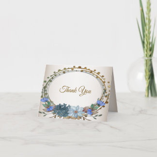 Tarjeta De Agradecimiento Azul Floral Geométrico Dorado Vintage Boda