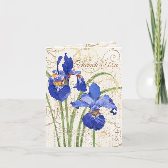 Tarjeta De Agradecimiento Azul floral Iris Oro Damasco Blanco (Anverso)
