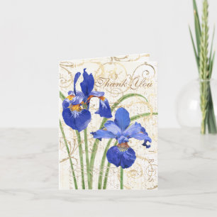 Tarjeta De Agradecimiento Azul floral Iris Oro Damasco Blanco