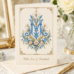 Tarjeta De Agradecimiento Azul Floral Monograma Mariano Católico