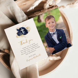 Tarjeta De Agradecimiento Azul Floral Oro Primera Comunión Gracias