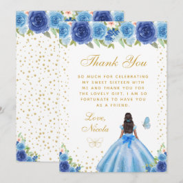 Tarjeta De Agradecimiento Azul Floral Piel Oscura Princesa Dulce Dieciséis