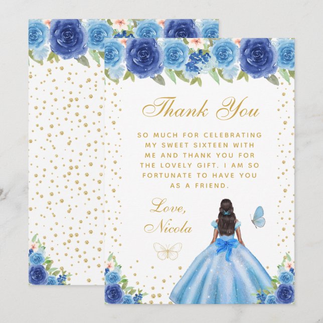 Tarjeta De Agradecimiento Azul Floral Piel Oscura Princesa Dulce Dieciséis (Anverso / Reverso)