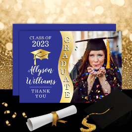 Tarjeta De Agradecimiento Azul | Foto de tapón de Ola de Grado de Oro Gradua