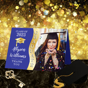 Tarjeta De Agradecimiento Azul Foto de tapón de Ola de Grado de Oro Gradua