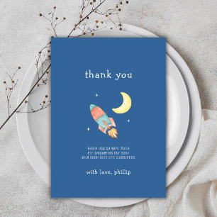 Tarjeta De Agradecimiento Azul Gris Sobre El Cohete Lunar Baby Shower