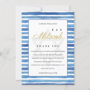 TARJETA DE AGRADECIMIENTO AZUL INDIGO HUELLAS DE COLOR DE AGUA BAT BAR MITZV