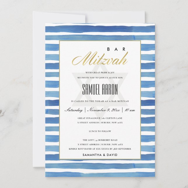 TARJETA DE AGRADECIMIENTO AZUL INDIGO STRIPES PATRÓN BAR MITZVAH INVITE (Anverso)