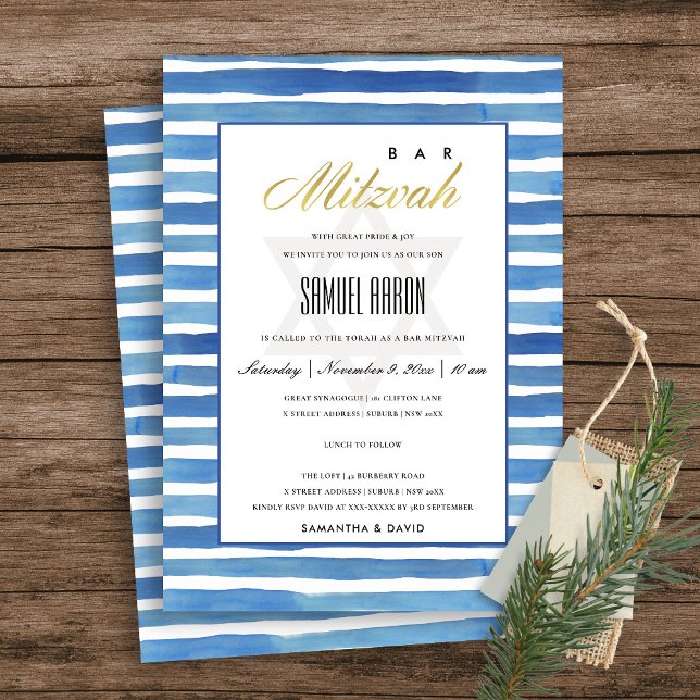 TARJETA DE AGRADECIMIENTO AZUL INDIGO STRIPES PATRÓN BAR MITZVAH INVITE (Subido por el creador)