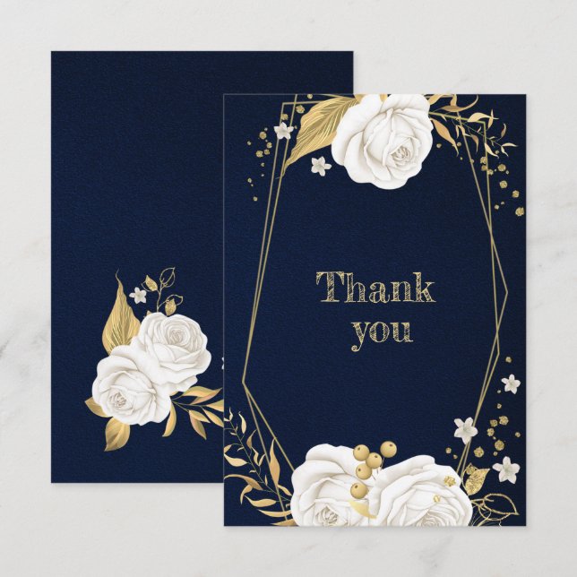 Tarjeta De Agradecimiento azul marino azul marino floral dorado blanco (Anverso / Reverso)