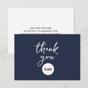 Tarjeta de agradecimiento azul marino con logotipo