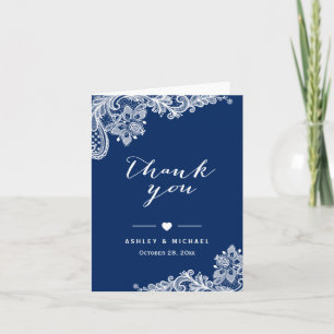 Tarjeta De Agradecimiento Azul Marino Elegante Encaje Blanco Floral Agradeci