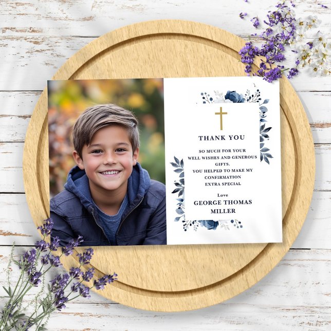 Tarjeta De Agradecimiento Azul Marino Elegante Floral Foto Confirmación (Navy Blue Elegant Floral Photo Confirmation Thank You Card)