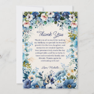 Tarjeta De Agradecimiento Azul Marino Floral Blanco Cumpleaños Gracias