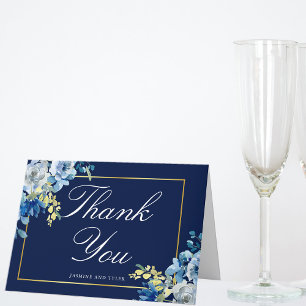 Tarjeta De Agradecimiento Azul Marino Floral Dorado Elegante Escritura Blanc