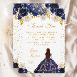 Tarjeta De Agradecimiento Azul Marino Floral Princesa Quinceañera