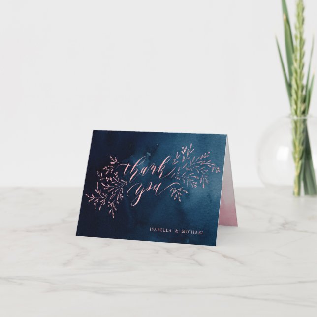 Tarjeta De Agradecimiento Azul marino rubor flores rústicas caligrafía graci (Anverso)