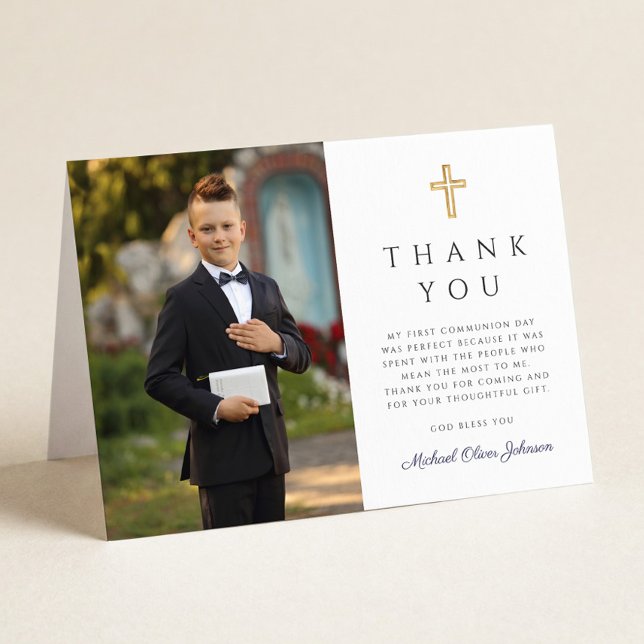 Tarjeta De Agradecimiento Azul Marino Script Foto Niño Primera Comunión Dobl (Navy Blue Script Photo Boy First Communion Folded Thank You Card)