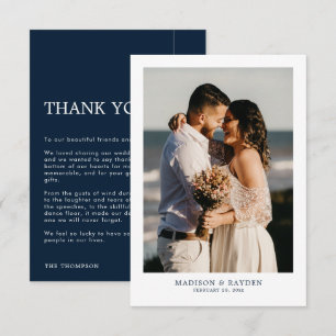 Tarjeta De Agradecimiento Azul marino simple moderno con Boda fotográfico