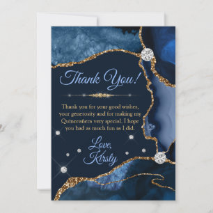 Tarjeta De Agradecimiento Azul Marino y Dorado Falso Brillo Agata Quinceañer