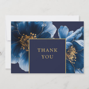Tarjeta De Agradecimiento Azul Marino Y Floral Dorado