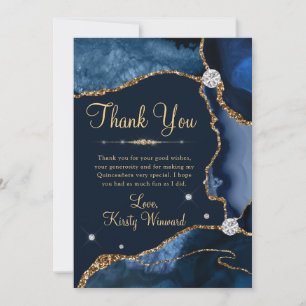 Tarjeta De Agradecimiento Azul Marino y Oro Falso Brillo Agata Quinceanera