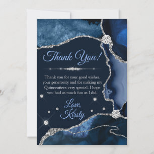 Tarjeta De Agradecimiento Azul Marino y Plata Agata Brillante Falsa Quinceañ