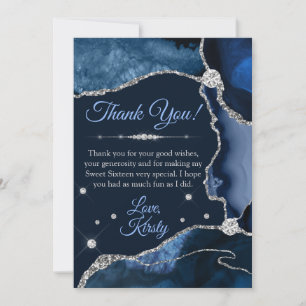 Tarjeta De Agradecimiento Azul Marino y Plata Agata Brillo Falso Dulce 16