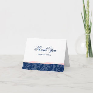 Tarjeta De Agradecimiento Azul Marino y Rosa Desmayado Damask Swirl Gracias