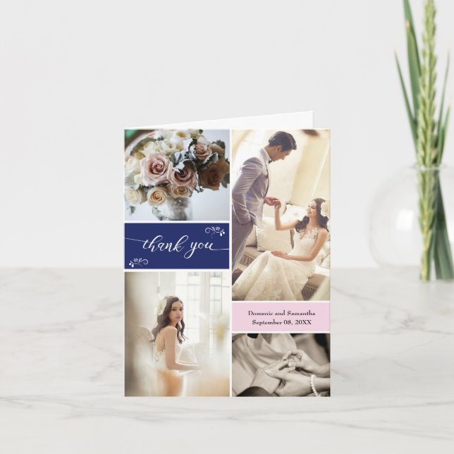 Tarjeta De Agradecimiento Azul marino y Rubor Guión rosado Gracias Collage (Anverso)