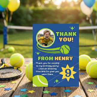 Tarjeta De Agradecimiento Azul Moderno Cumpleaños Niños Pelota de Tenis
