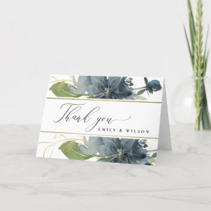 TARJETA DE AGRADECIMIENTO AZUL OSCURO FLORAL ACUARELA BODA VERDE DORADO