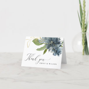 TARJETA DE AGRADECIMIENTO AZUL OSCURO FLORAL ACUARELA BODA VERDE DORADO