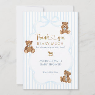 Tarjeta De Agradecimiento Azul Oso Apenas Espera Ducha de Bebé Elegante Raya