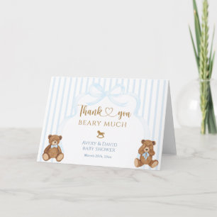 Tarjeta De Agradecimiento Azul Oso Apenas Espera Ducha de Bebé Elegante Raya