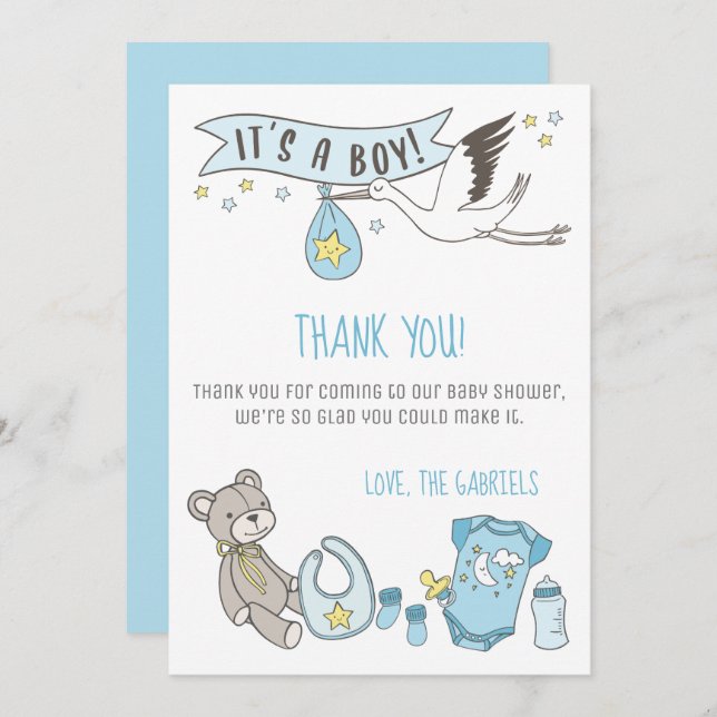Tarjeta De Agradecimiento Azul personalizable Es un Baby Shower Bo (Anverso / Reverso)