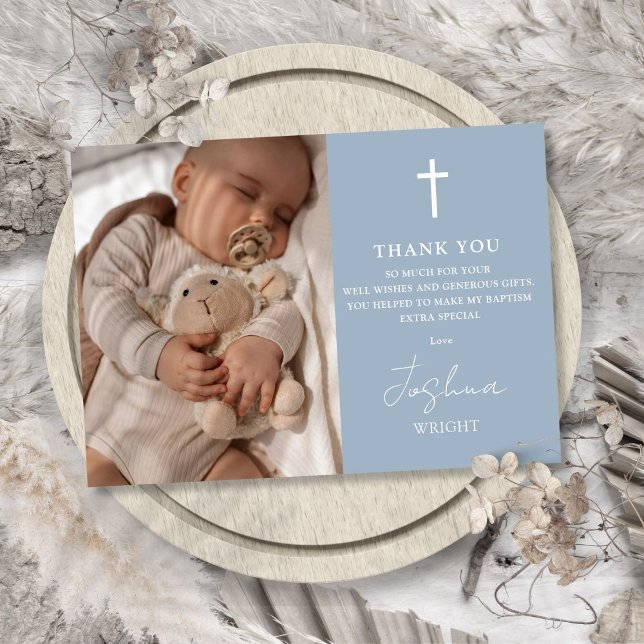 Tarjeta De Agradecimiento Azul Polvo Moderno Guión Foto Bautizo (Dusty Blue Modern Script Photo Baptism Christening Thank You Card)