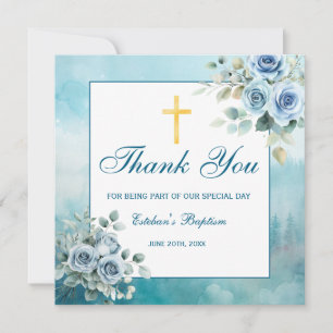 Tarjeta De Agradecimiento Azul Polvoriento Floral Bautizo Niño Religioso
