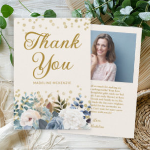 Tarjeta De Agradecimiento Azul Polvoriento Flores Blancas Cumpleaños Foto Ag