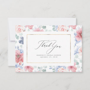 Tarjeta De Agradecimiento Azul Polvoriento y Rosa Floral Elegante Pequeño Gr