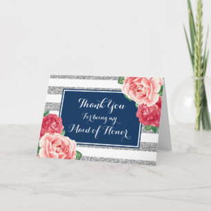 Tarjeta De Agradecimiento Azul Raya Plateada Rosa Gracias Dama de Honor