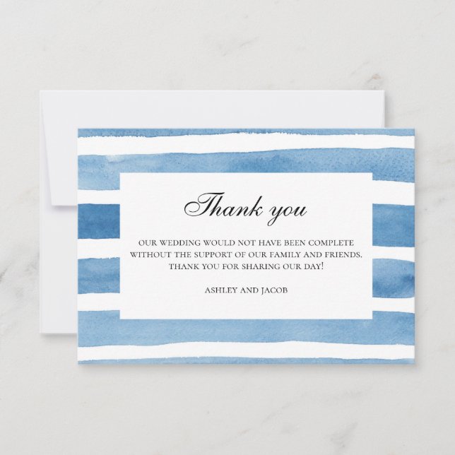 Tarjeta De Agradecimiento Azul rayado gracias acuarela boda Náutico (Anverso)