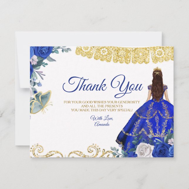 Tarjeta de agradecimiento azul real de Quinceañera (Anverso)